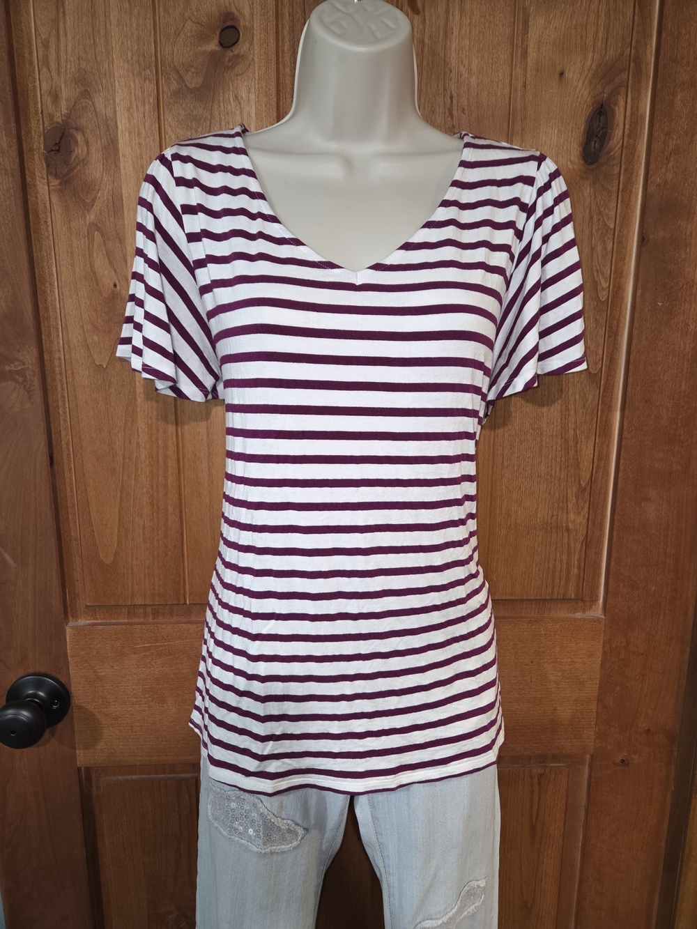 Green Envelope Striped V-Neck Short Sleeve Top - White & Purple